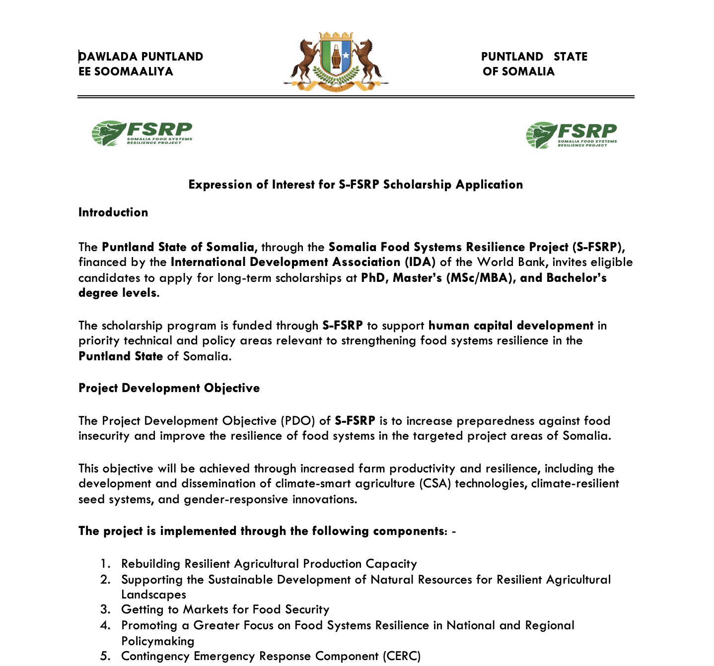 Expression of Interest (EoI) S-FSRP Long-Term Scholarship